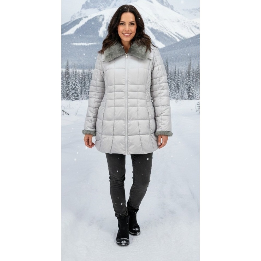 Apt 9 Puffer Coat Women's Faux Fur Collar Quilted Full Zip Winter Warm Size XL